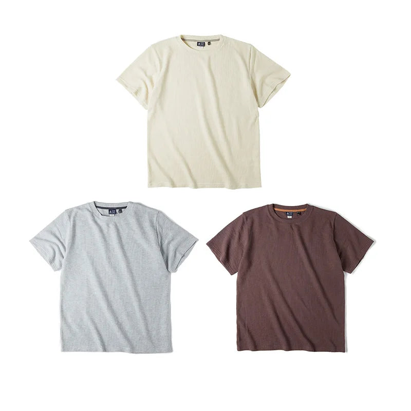 Maden Summer Men's O-Neck Waffle T-Shirt Solid Color Short Sleeve Top Comfortable and Breathable Tees Off White Soft T-shirts
