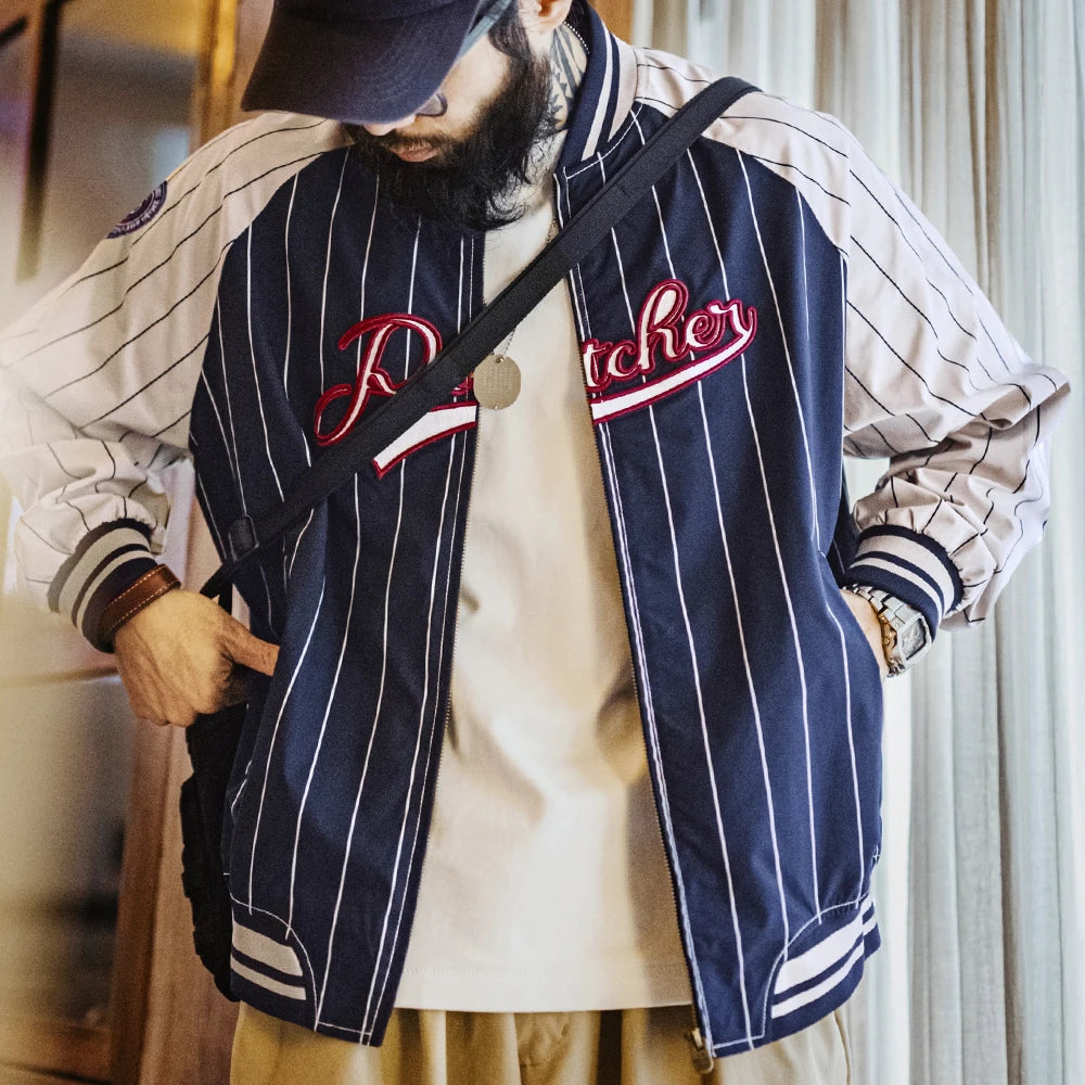 Maden Vintage Striped Baseball Jacket Letter Embroidery Badge Designs Jacket Color-blocking Casual Outerwear for Men's Spring