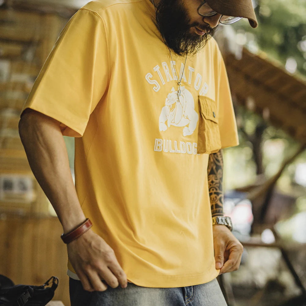 Maden Men's Summer Vintage Flock Print Short Sleeve T-Shirt Loose Fit Yellow Patchwork Pocket Tee Ribbed Crew Neck  Casual Tops