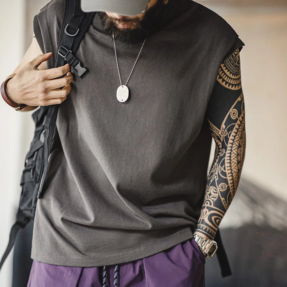 Maden Vintage Heavyweight Knitted Broad Shoulder Vest Sports 100%Cotton Solid Color Sleeveless T-shirt for Men's Summer Tops Tee