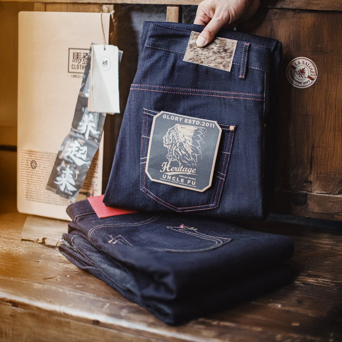 Maden Men's Vintage Selvedge Raw Denim Jeans with Horse Hair Leather Patch 100% Cotton Straight Trousers for Spring Fall Pants