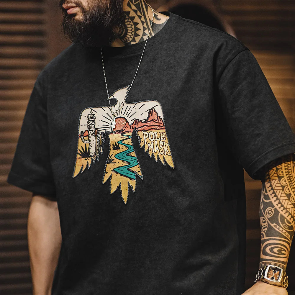 Maden Vintage Style Thunderbird Print T-Shirt Men's Summer Heavyweight Embroidered Short Sleeve Tee Navajo Crew Neck Street Tops