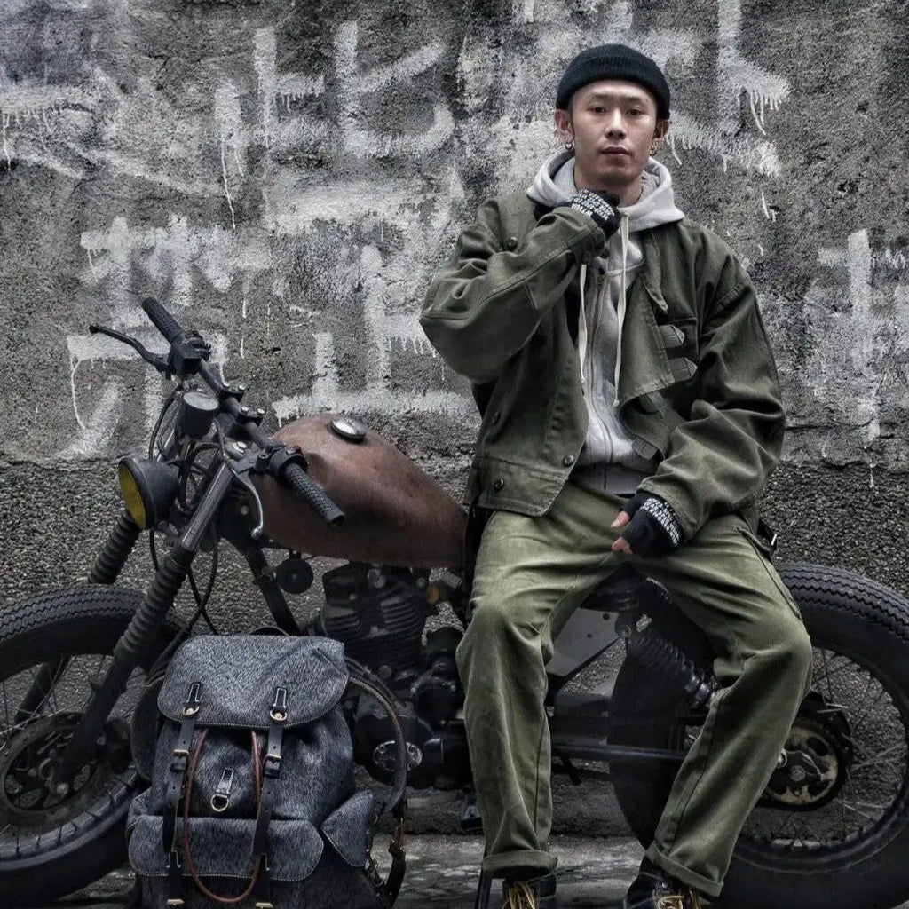 Maden Retro 16oz Canvas Swedish Motorcycle Green Jacket Pocket Bomber Jacket Casual Hunting Work Outwear for Men Spring and Fall