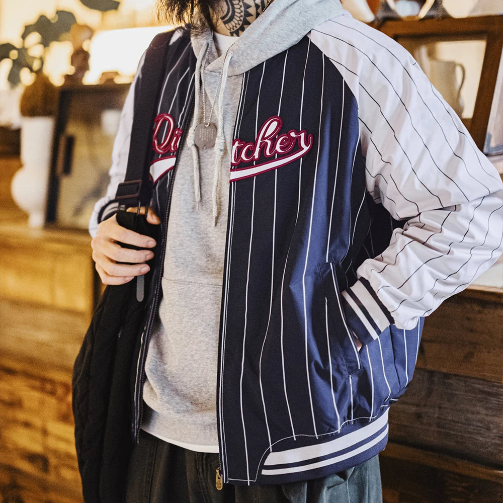 Maden Vintage Striped Baseball Jacket Letter Embroidery Badge Designs Jacket Color-blocking Casual Outerwear for Men's Spring