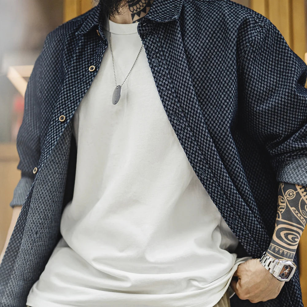 Maden Retro Checkered Long-sleeved Denim Shirt Loose Lapel Single-breasted Jacket for Men Spring and Fall Versatile Outerwear