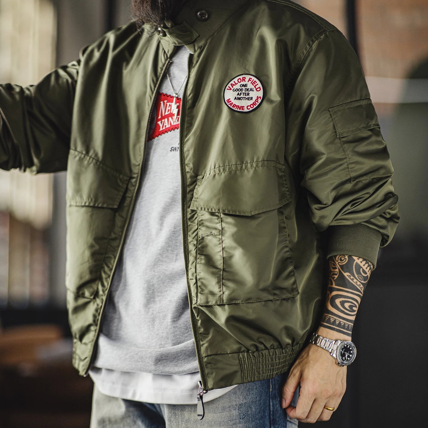 Maden Vintage Military Style G8WEP Jacket Men's Short Length Stand Collar Tactical Coat Green Lightweight Zip-Up Field Jacket