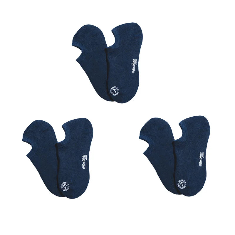 Maden Men’s 3 Pack Pair Summer Cotton Socks Boat Non-Slip Silicone Invisible Boat Socks Ankle Socks White Khaki Blue