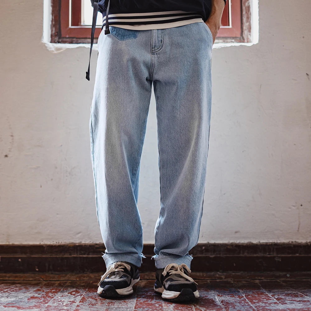 Maden Washed Light Blue Denim Jeans Cotton Raw Edge Straight Solid Casual Trousers for Men with Zipper Access Control Design