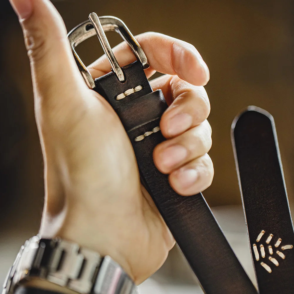 Maden New Retro Black First Layer Cowhide Belt Genuine Leather Men's Versatile Daily Solid Color Belt