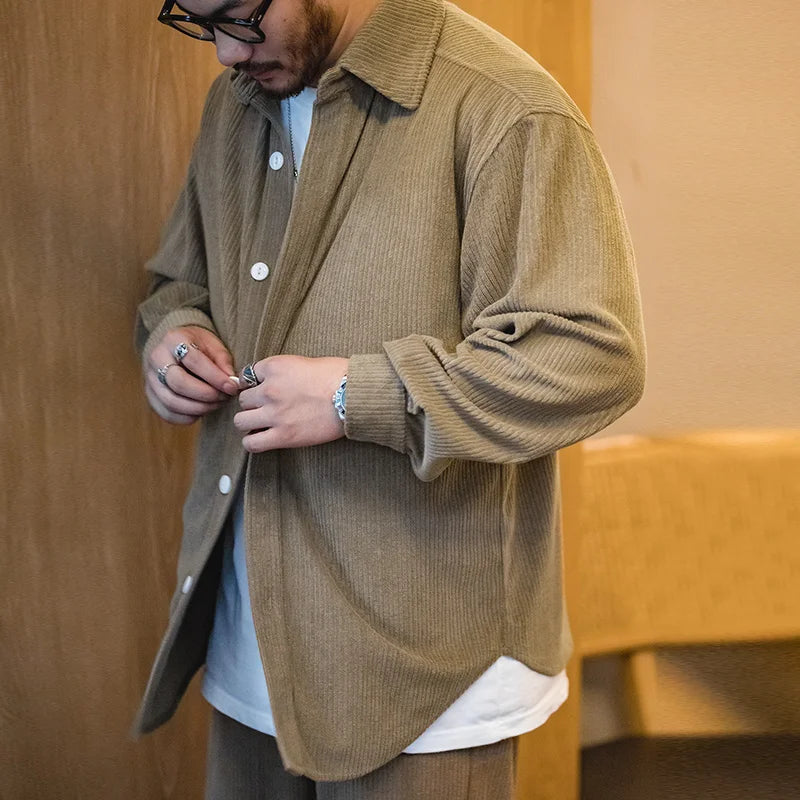 Maden Vintage Jacquard Knit Long Sleeve Shirts for Men Oversized Drop Shoulder Blouse Soft Corduroy Shirt Solid Color Jacket