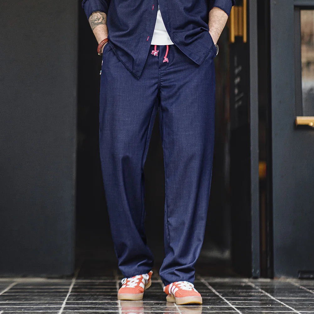 Maden Vintage Solid Color Loose Casual Straight Pants for Men Mid-waist Breathable Long Pants Spring Trousers Elastic Waist