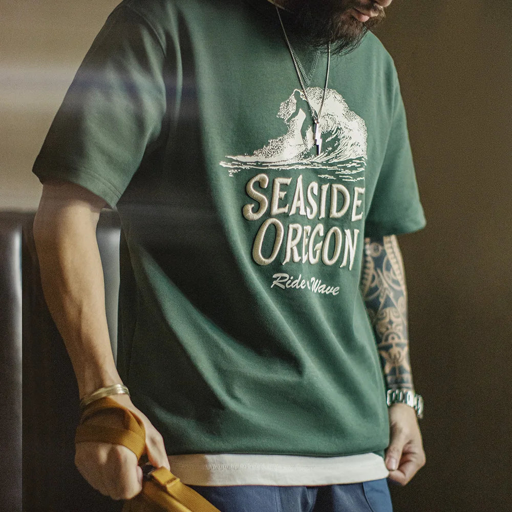 Maden Vintage Embroidered Letter Short Sleeve T-Shirt Men's Summer Green Digital Print Tee Ribbed Crew Neck Loose Casual Tops