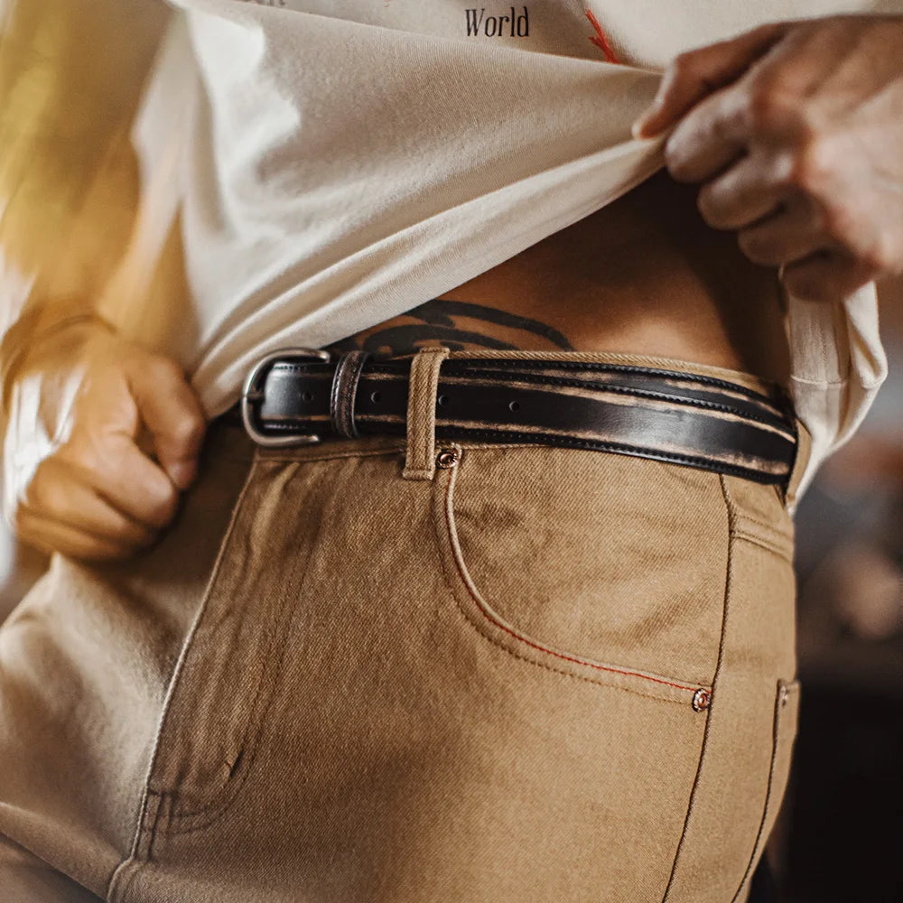 Maden Men's Vintage Black Leather Belt Full-Grain Vegetable-Tanned Cowhide Belt Antique Burnished Finish Single Prong Jeans Belt