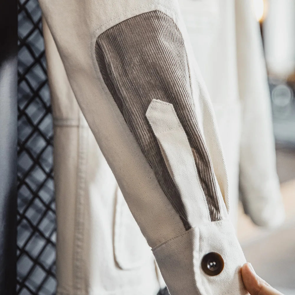 Maden Retro Heavyweight Cotton Jacket with Twill Lapel Sleeves Corduroy Splicing Design Single-Breasted Coat for Men's Autumn