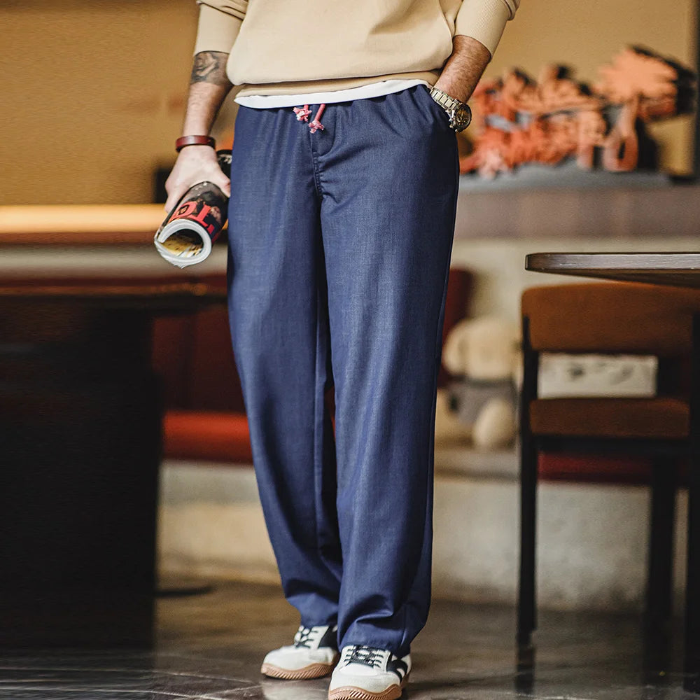 Maden Vintage Solid Color Loose Casual Straight Pants for Men Mid-waist Breathable Long Pants Spring Trousers Elastic Waist