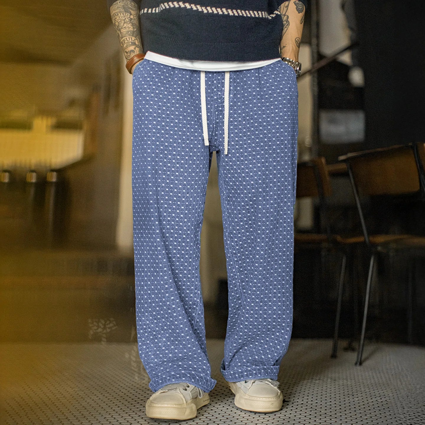 Maden Vintage Washed Blue Jeans Loose Fit Full Jacquard Denim Jeans Straight-Leg Elastic Waist Drawstring Trousers for Fall