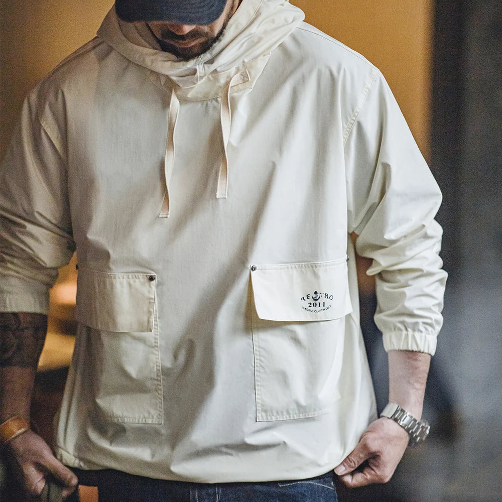 Maden Men's Vintage Deck Smock Hoodies Outdoor Windproof Hoodie Loose Pullover Jacket with Large Pockets Printed Clothing Tops