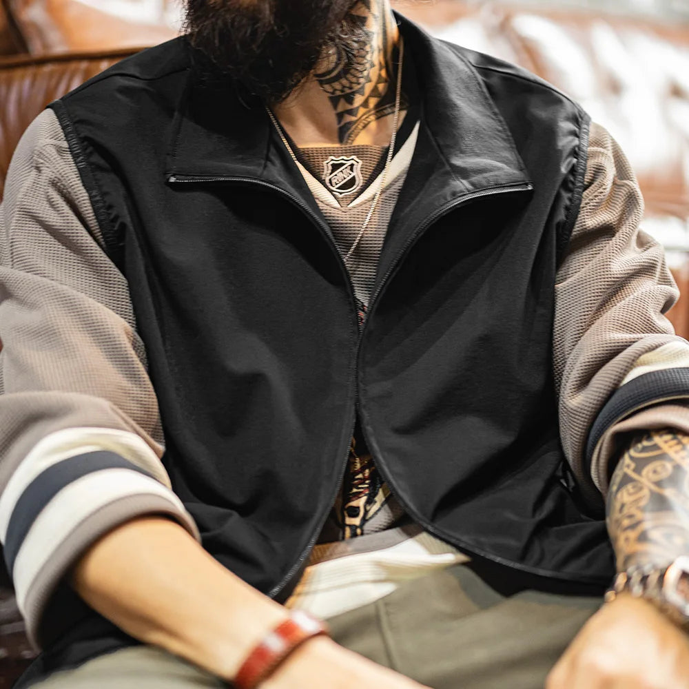 Maden Outdoor Men's Stand Collar Zip-Up Vest Lightweight Black Quick Dry Camping Fishing Waistcoat for Summer Sleeveless Jacket