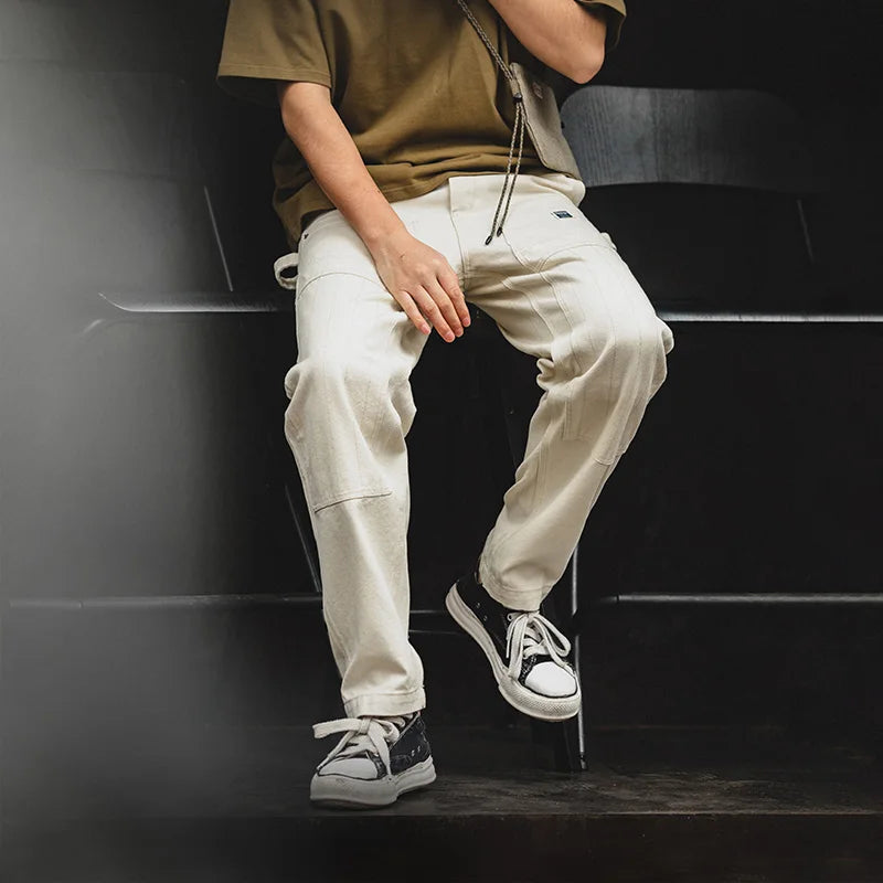 Maden Workwear American Retro Distressed Loose Off White Jeans Washed Straight Multi Pocket Woodcutter Pants Men