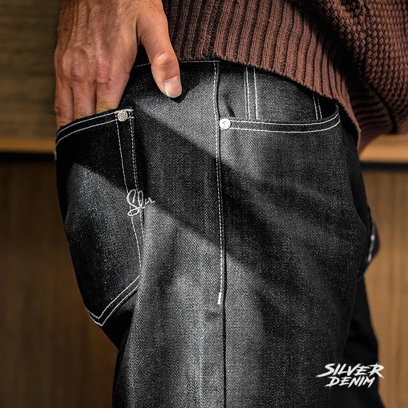 Maden Vintage 13oz Selvedge Raw Denim Jeans Straight Silver Jeans with Zipper Fly Subtle Shimmer Pants for Men's Autumn Trousers