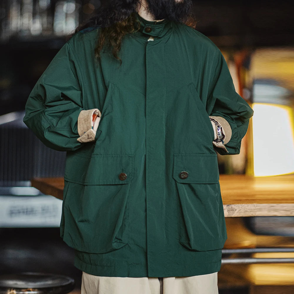 Maden Men's Retro Multi-pocket Safari Jacket Green Loose Corduroy Lapel Classic Coat Versatile Outerwear for Spring and Autumn