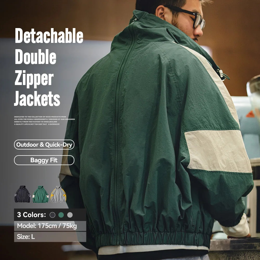 Maden Casual Detachable Double Zipper Patchwork Jackets Stand-up Collar Loose Fit Letter Jacket For Men's Spring and Fall Coat