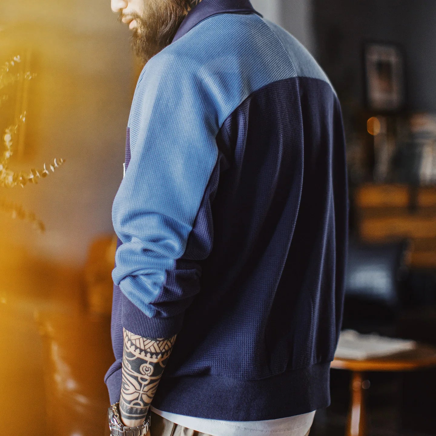 Maden Men's Vintage Contrast Navy Blue Jacket Waffle Knit Training Jacket Breathable Stand Collar Outwear for Spring Fall