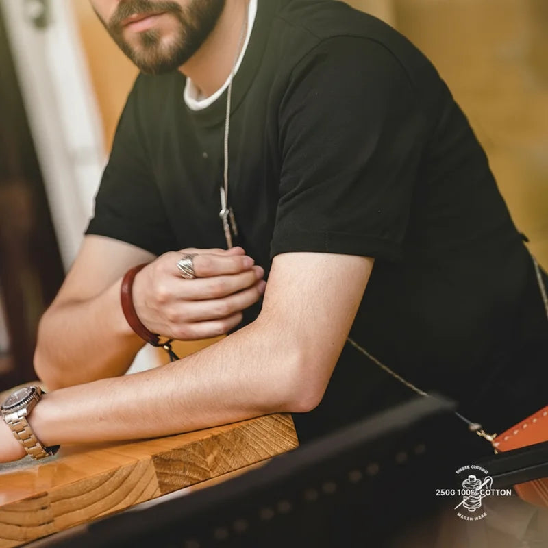 Maden Summer Solid Color Short Sleeve T-Shirts 100% Cotton Round Neck Tees with Rolled Edge Cuffs Casual Tops for Men