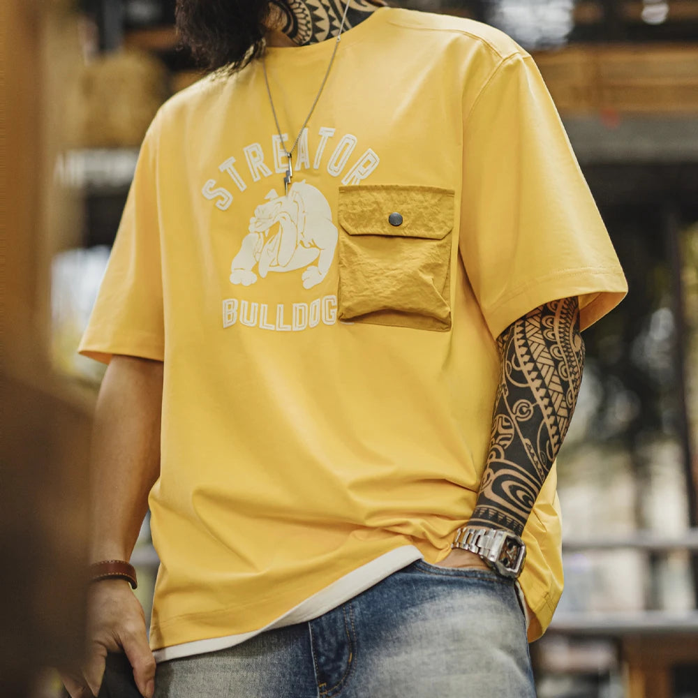 Maden Men's Summer Vintage Flock Print Short Sleeve T-Shirt Loose Fit Yellow Patchwork Pocket Tee Ribbed Crew Neck  Casual Tops