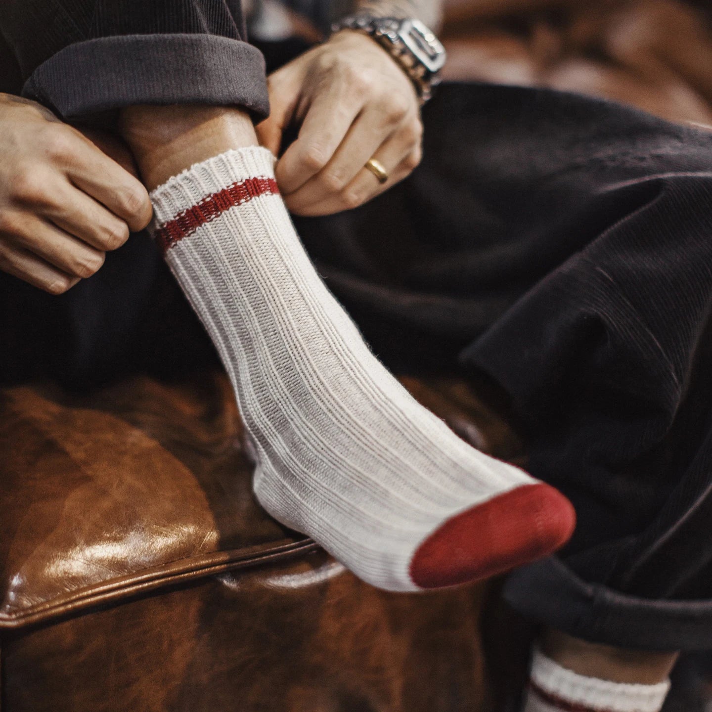 Maden Men‘s 3-Pack Vintage Wool Blend Socks Color Blocking Ribbed Knit Striped Mid-Calf Thermal Socks for Autumn Winter