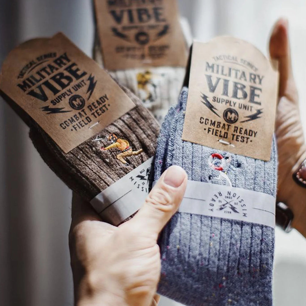 Maden 3Pairs Men‘s Wool Blend Mid-Calf Socks Heather Effect Vintage Embroidered Warm Socks Ribbed Knit Sock for Autumn Winter