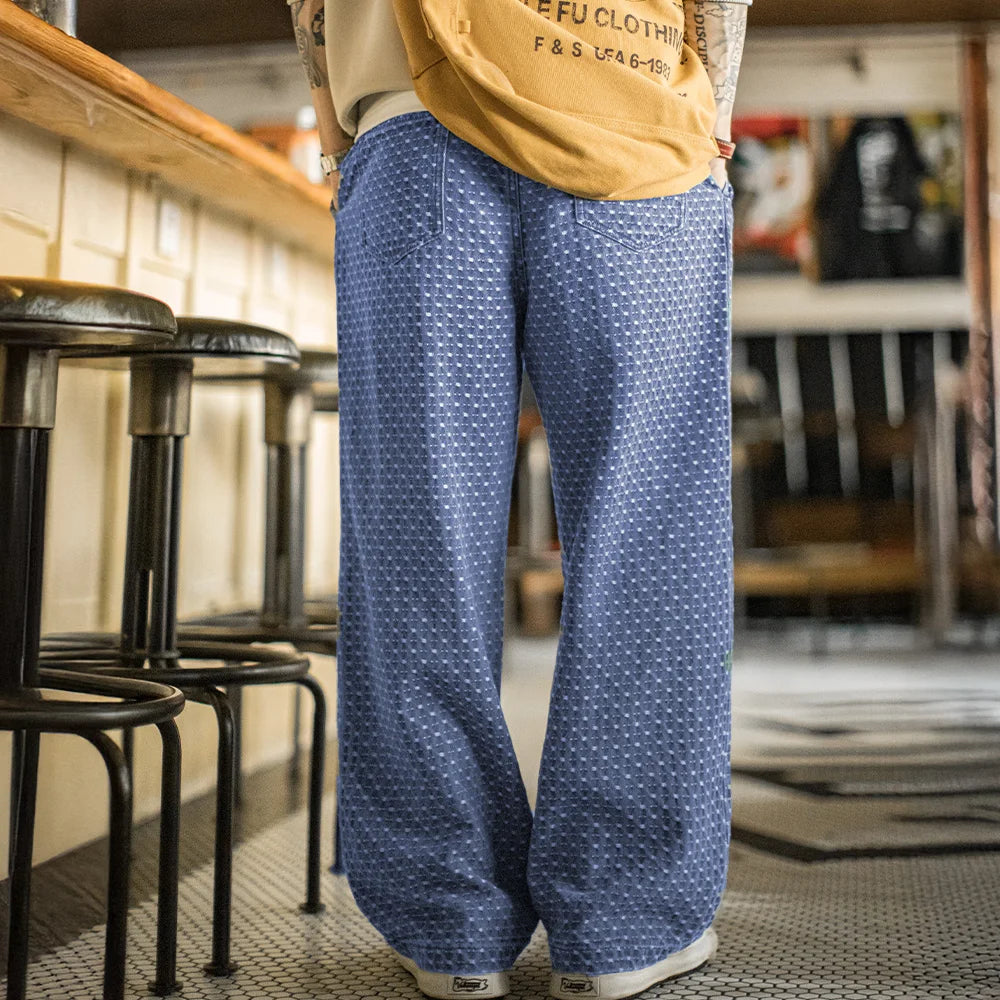 Maden Vintage Washed Blue Jeans Loose Fit Full Jacquard Denim Jeans Straight-Leg Elastic Waist Drawstring Trousers for Fall