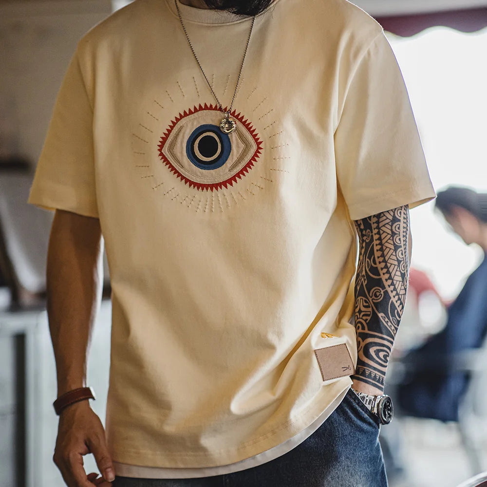 Maden Retro Guardian Eye Embroidered T-shirt with Ribbed Crew Neck 300g/m² Heavy Cotton Short-sleeved Tee for Men's Summer Top