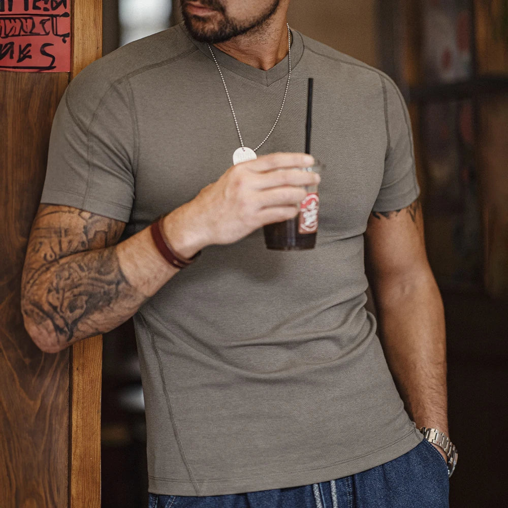 Maden Gray Casual Lyocell Cool-Touch Short Sleeve T-Shirt Men's Summer Quick-Dry V-Neck Fitness Tee Slim Fit Gym Versatile Tops