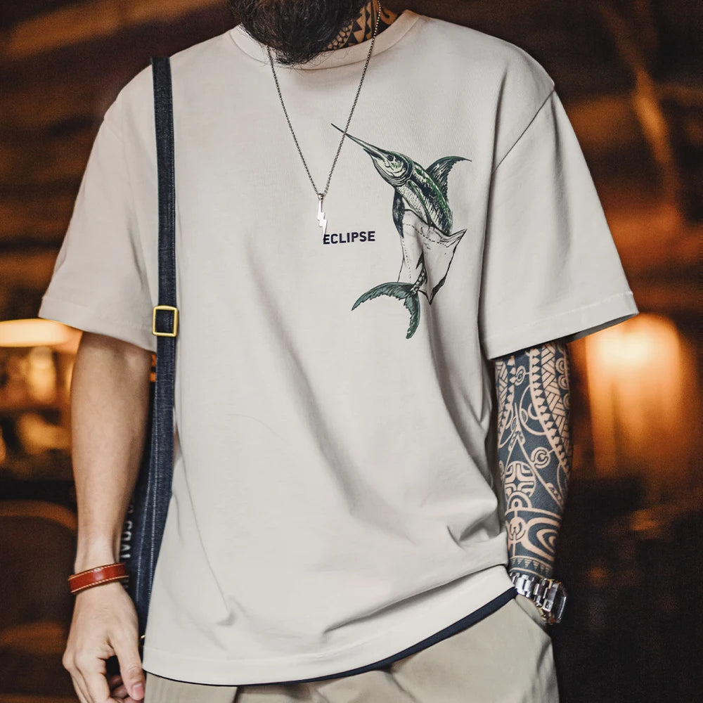 Maden Casual Printed Short Sleeve T-Shirt Men's Summer Loose Fit Heavyweight Cotton Ribbed Round Neck Tee  Versatile Street Tops