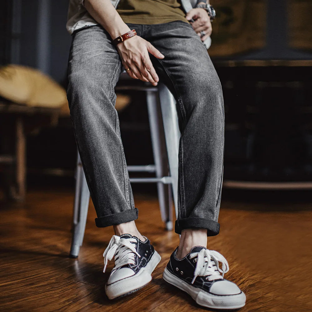 Maden Men's Vintage 13oz Heavyweight Denim Jeans Washed Gray Straight Leg Tapered Pants Casual Trousers for Spring and Fall