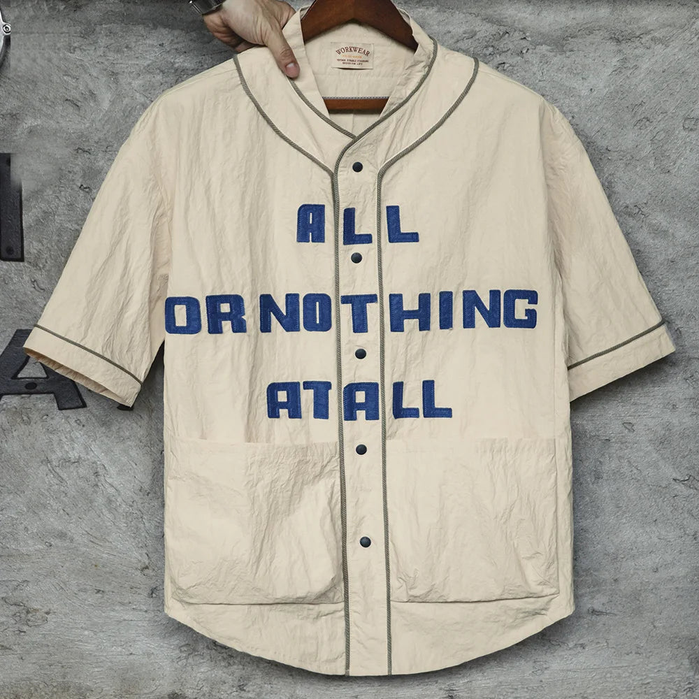 Maden Retro Wrinkled Baseball Collar Shirt Vibe Sports Letter Short-sleeved Cardigan Shirt for Men's Summer Tops