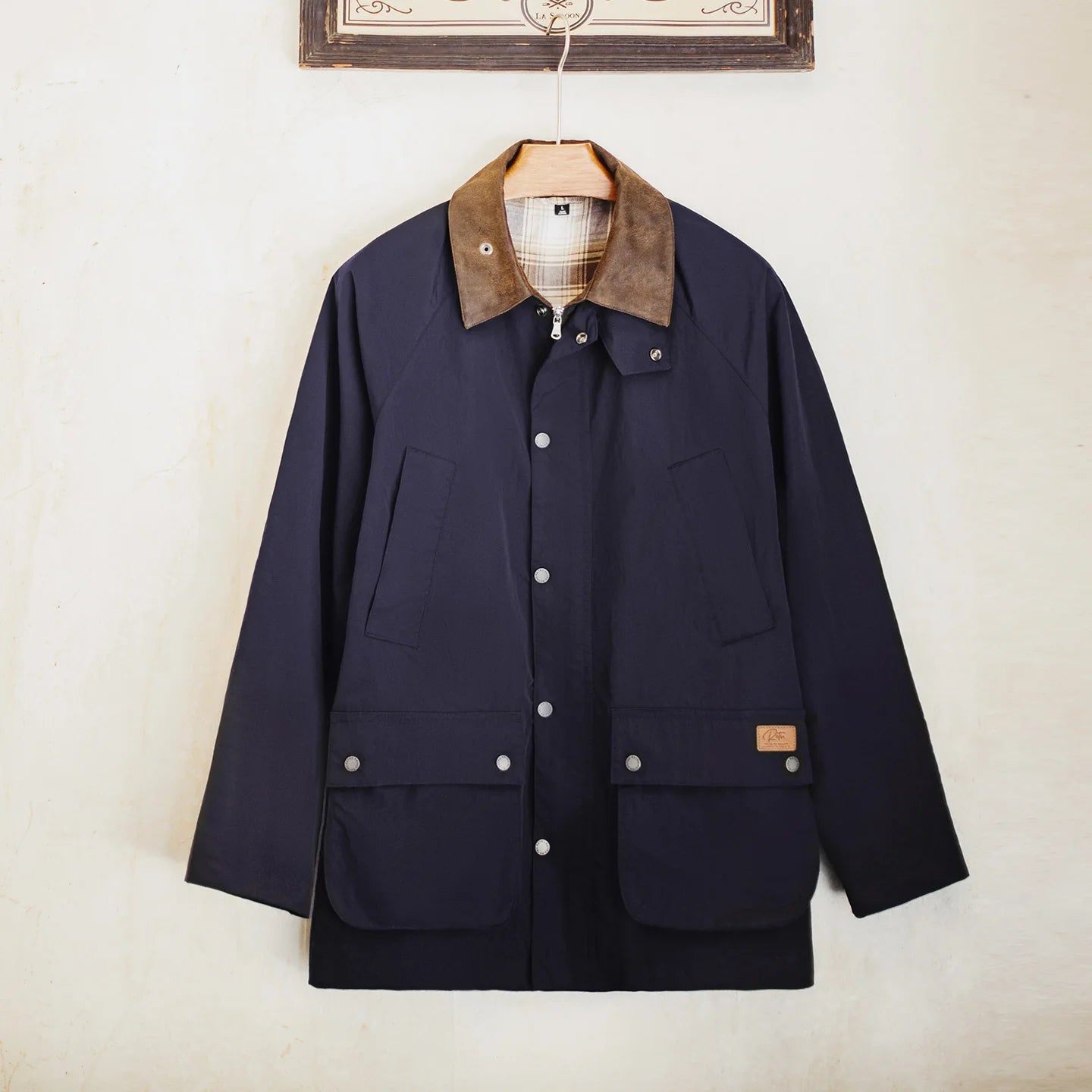 Maden Vintage Men's Blue Safari Jacket Waterproof Hunting Coat Loose Fit Windproof Contrast Collar Windbreak  for Spring Fall