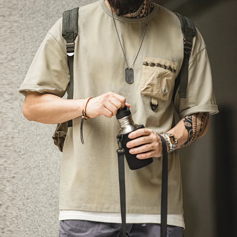 Maden Casual Outdoor Spliced Pocket Short Sleeve T-Shirt Men's Summer Loose Fit Breathable Round Neck Tee Comfortable Street Top