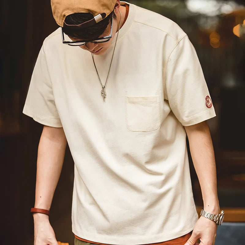 Maden Vintage Cotton Heavyweight Short Sleeve T-shirts for Men's Summer with Pocket Crew Neck Tees Loose Fit Basic Versatile Top