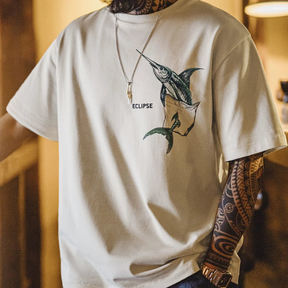 Maden Casual Printed Short Sleeve T-Shirt Men's Summer Loose Fit Heavyweight Cotton Ribbed Round Neck Tee  Versatile Street Tops