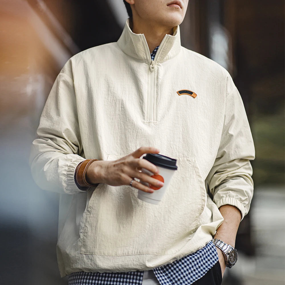 Maden Vintage Half-Zip Stand Collar Pullover Jacket Cityboy Outdoor Hoodie Men Spring Casual Sweatshirt Sporty Urban Streetwear