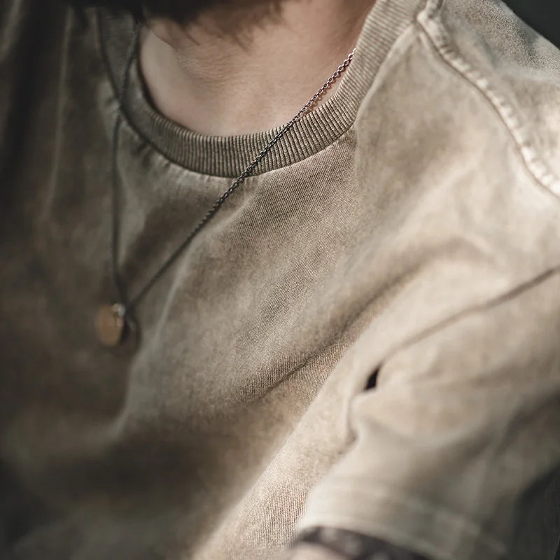 Maden Vintage Distressed Batik Short Sleeves T-Shirt Men's Summer Washed Cotton Loose Fit Crew Neck Tee Casual Embroidery Tops