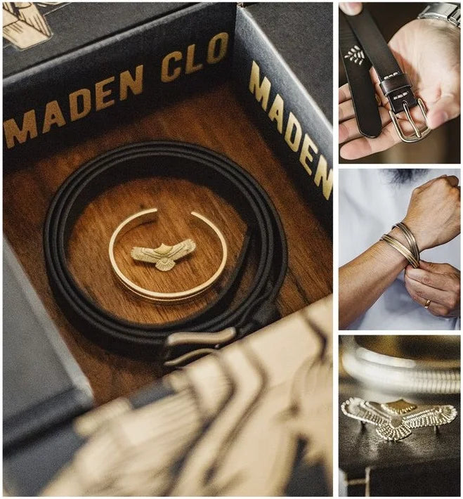 Maden Vintage Gift Set Black Genuine Leather Belt Navajo Cuff Open-Ended Bracelet Indian Eagle Pendant Necklace Gifts for Lover