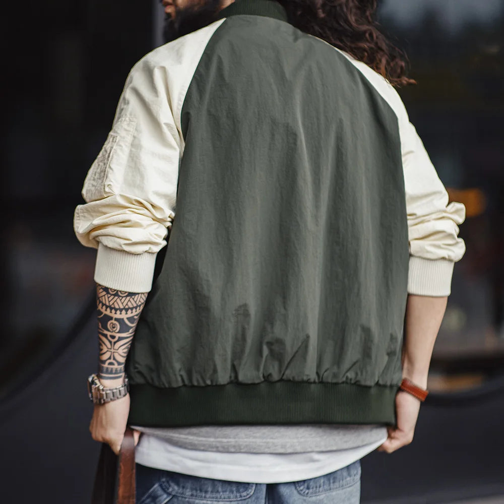Maden Vintage Contrast-color MA1 Bomber Jacket Short Zip-up Pocket Baseball Jacket Men's Casual Outerwear for Spring and Autumn