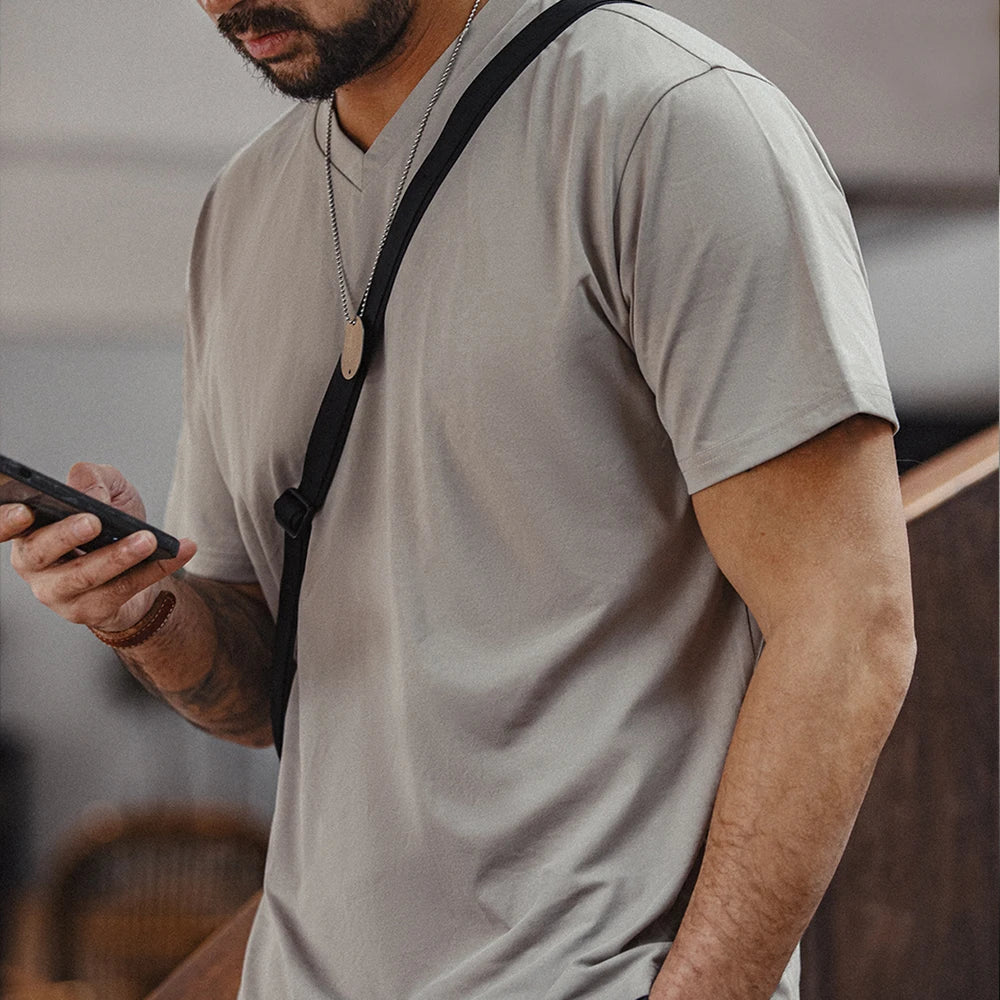 Maden Sorona Quick-drying Sweat-absorbent and Cool Short-sleeved T-shirt V-neck Solid Color Daily Versatile Top for Men's Summer