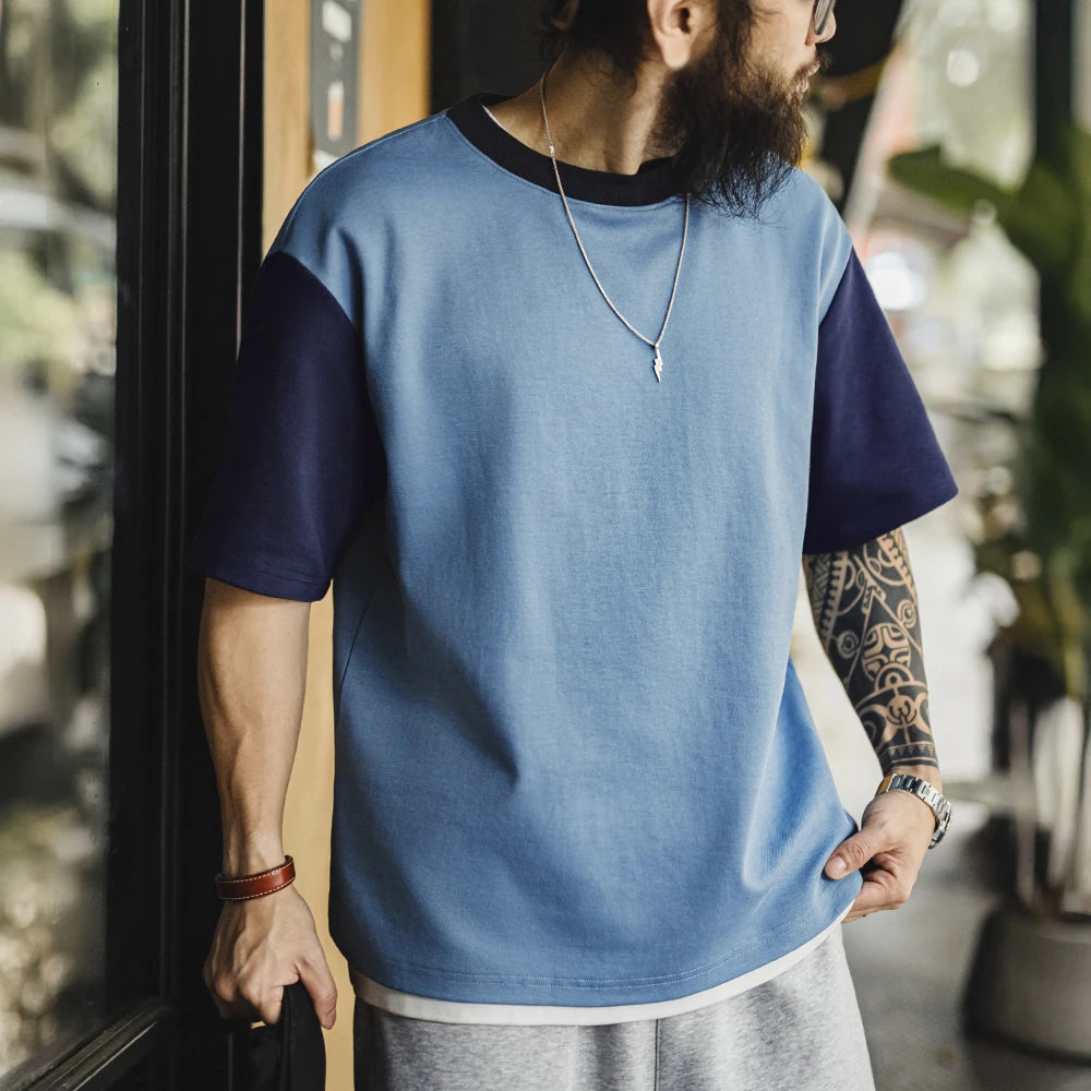 Maden Vintage Color-Block Short Sleeve T-Shirt Men's Summer Loose Fit Ribbed Crew Neck Tee Casual Street Tops for Daily Outfits
