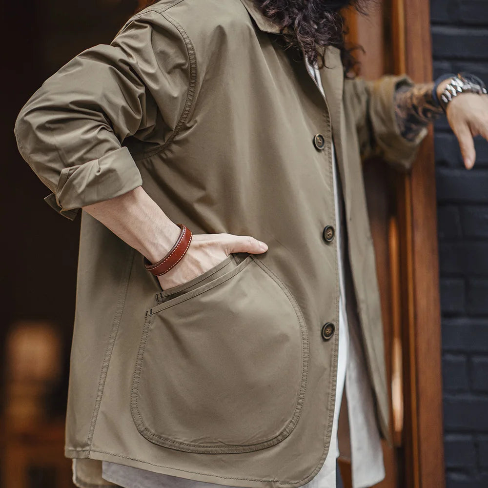 Maden French Vintage Work Jacket Men's Coffee Notch Lapel Casual Single Breasted Coat Slant Pockets Outwear for Spring and Fall