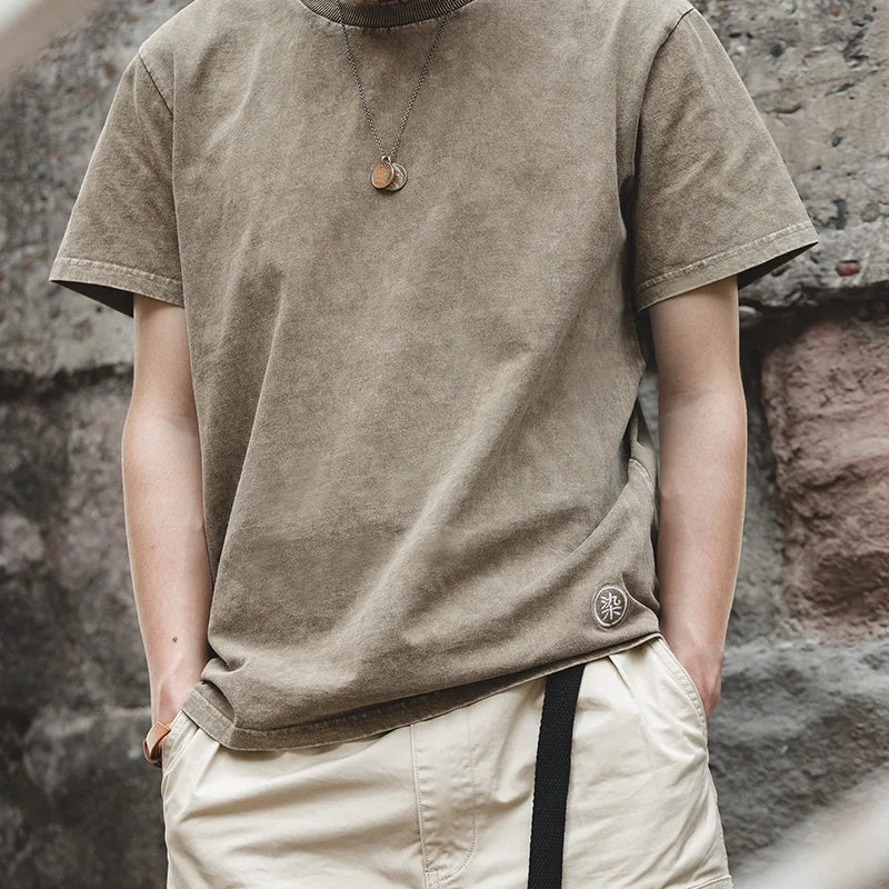 Maden Vintage Distressed Batik Short Sleeves T-Shirt Men's Summer Washed Cotton Loose Fit Crew Neck Tee Casual Embroidery Tops