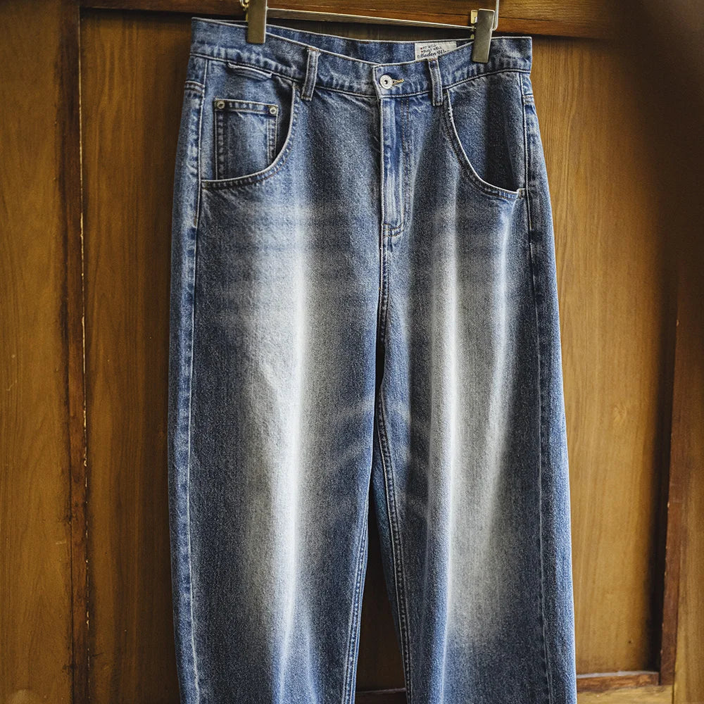 Maden Men's 12.6oz Washed Denim Jeans Large-Size Straight Cotton Jeans with Retro Cat Whiskers Jeans for Spring Versatile Pants